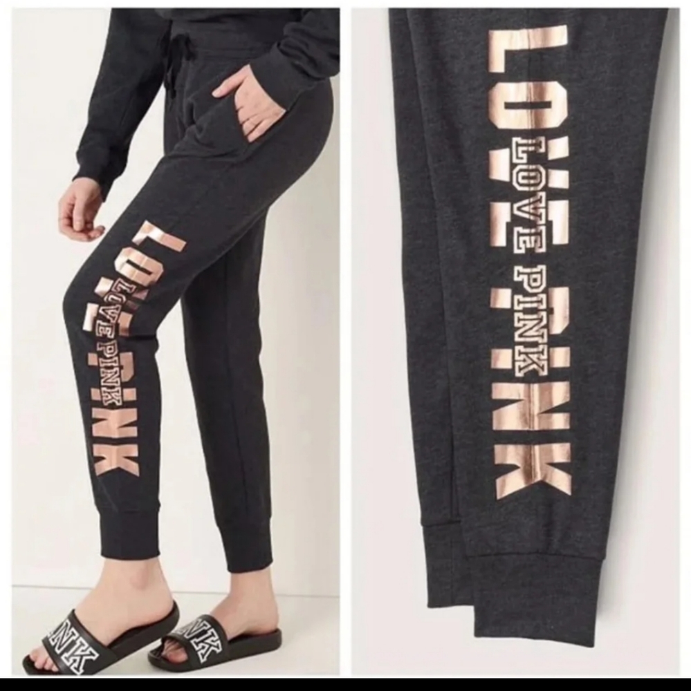 New VS PINK SKINNY JOGGERS ROSE GOLD FOIL